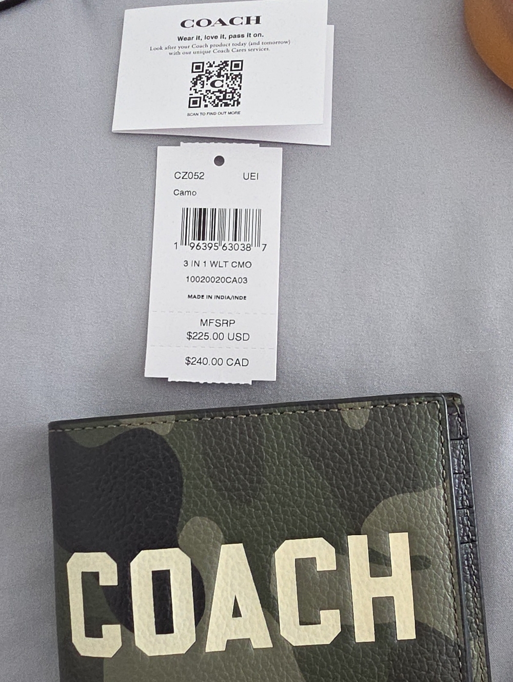 COACH Green Camo Leather Bifold Wallet with Bold Logo